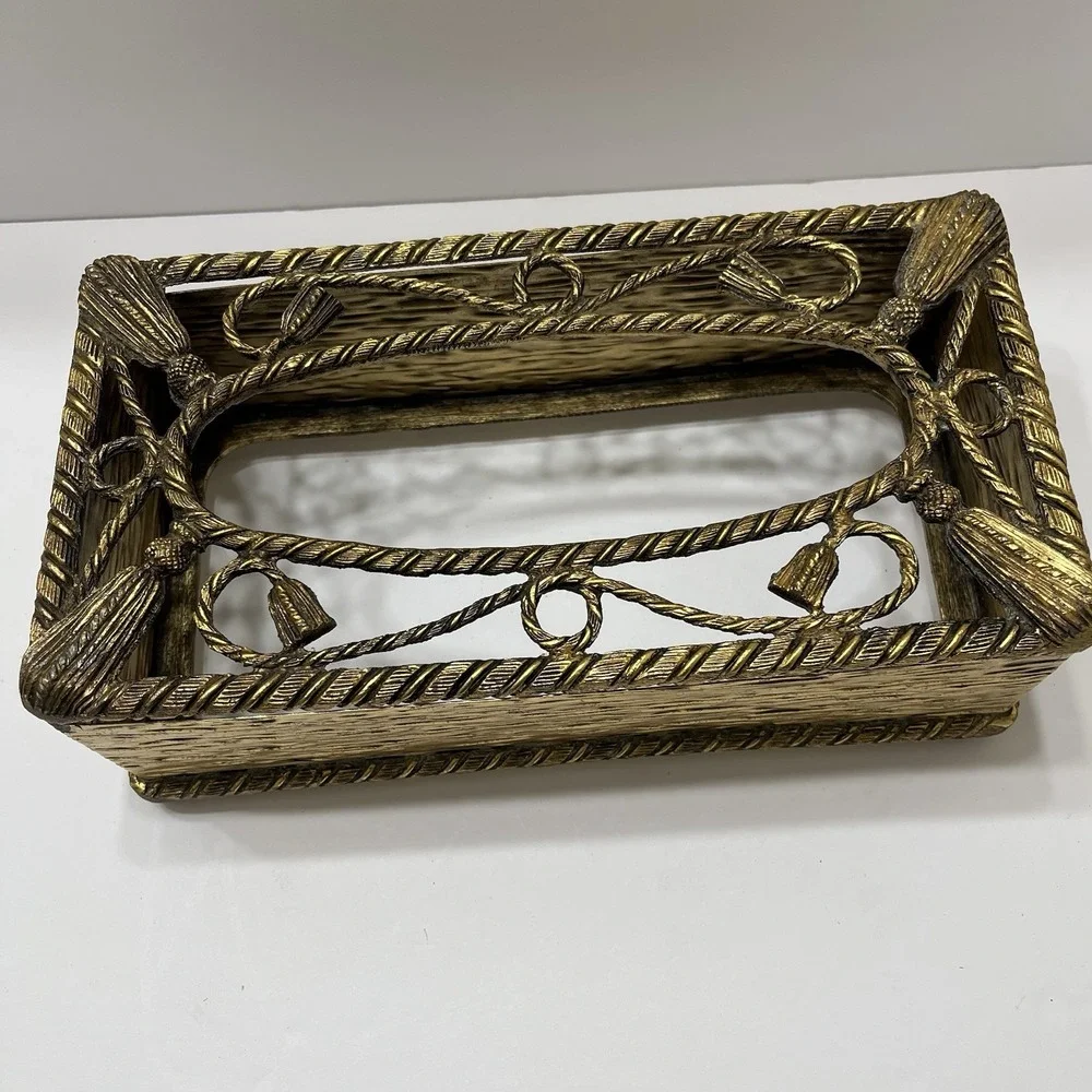 Vintage MCM Brass Tissue Box Cover Hollywood Regency Gold Filigree Tassels